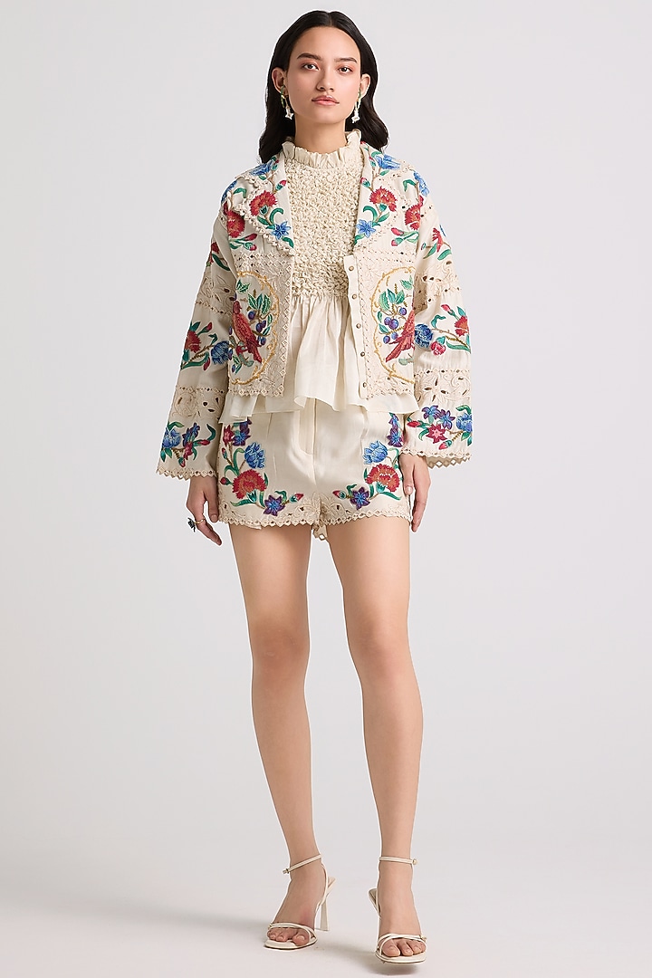 Ivory Chanderi Floral Applique Jacket by Chandrima at Pernia's Pop Up Shop