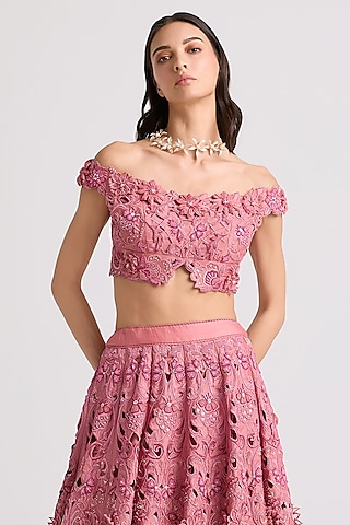 Blush Pink Chanderi Floral Applique Bustier by Chandrima