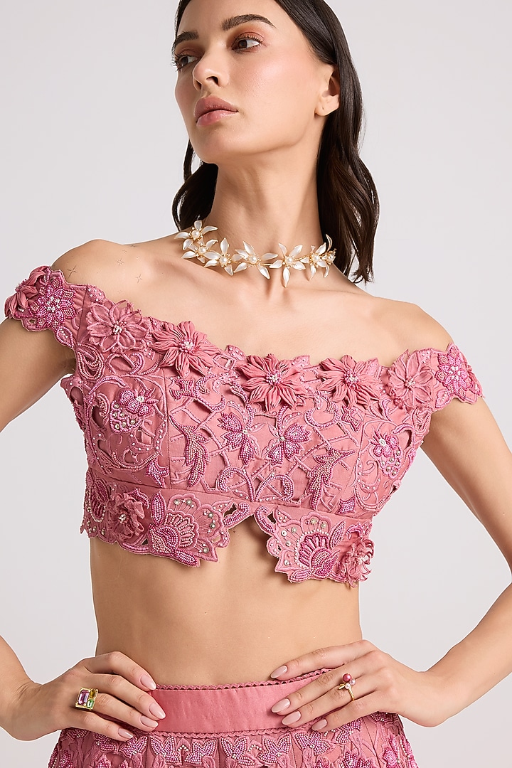 Blush Pink Chanderi Floral Applique Bustier by Chandrima at Pernia's Pop Up Shop