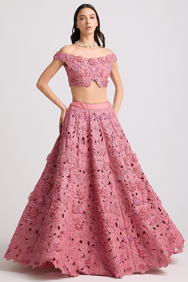 Blush Pink Chanderi Floral Applique Bustier by Chandrima at Pernia's Pop Up Shop