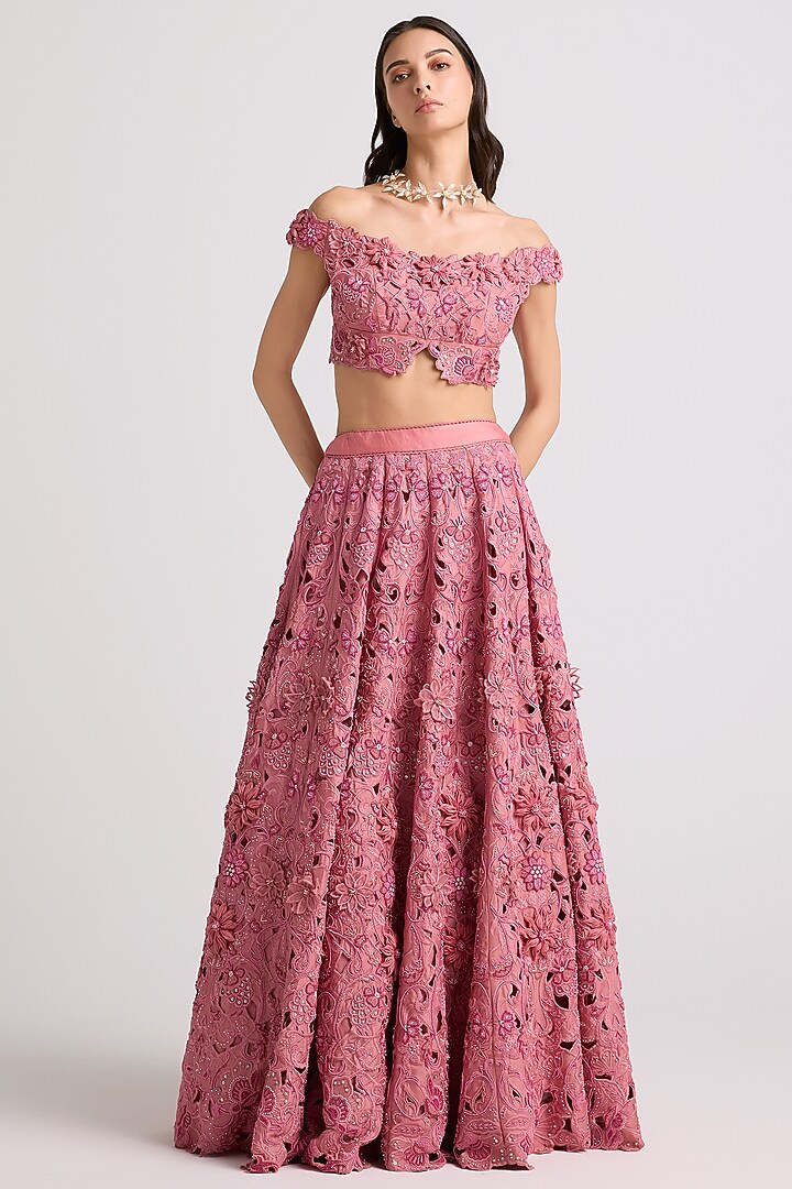 Blush Pink Chanderi 3D Floral Applique Bridal Lehenga by Chandrima at Pernia's Pop Up Shop