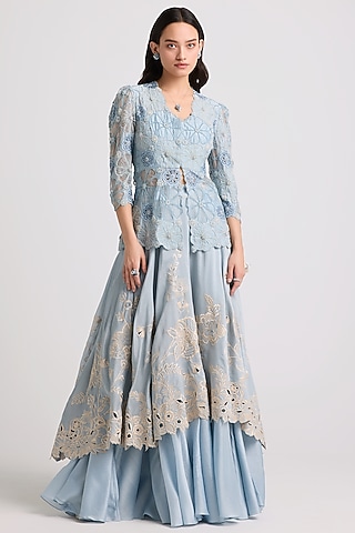 Powder Blue Chanderi Cutwork Peplum Jacket by Chandrima