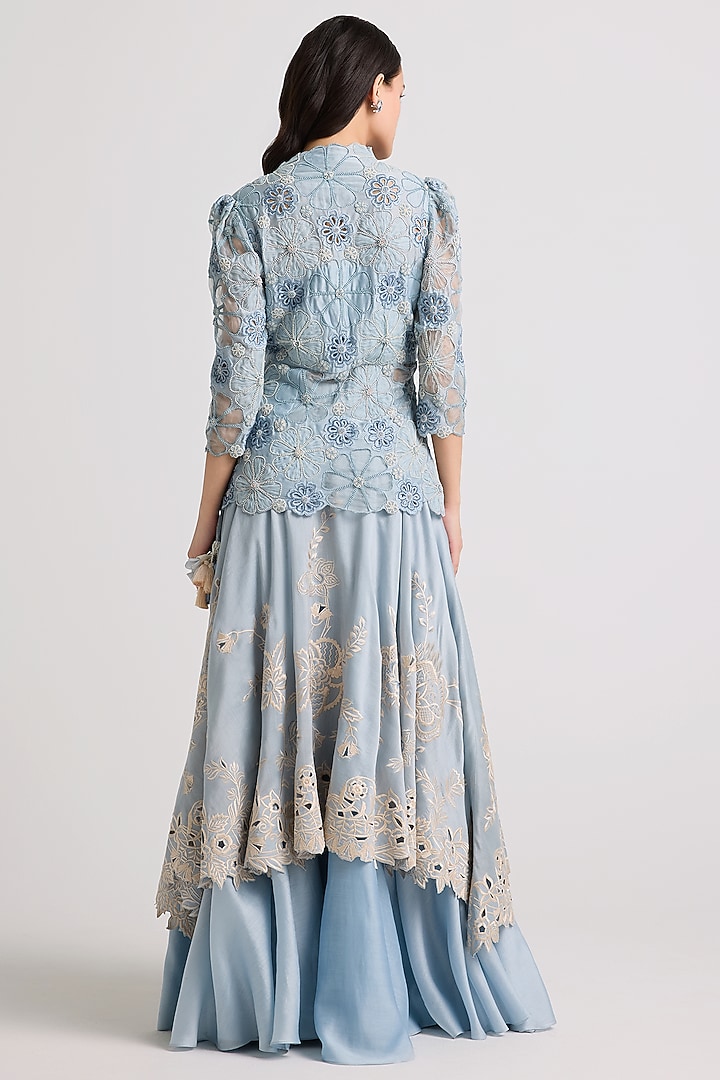 Powder Blue Chanderi Cutwork Peplum Jacket by Chandrima at Pernia's Pop Up Shop
