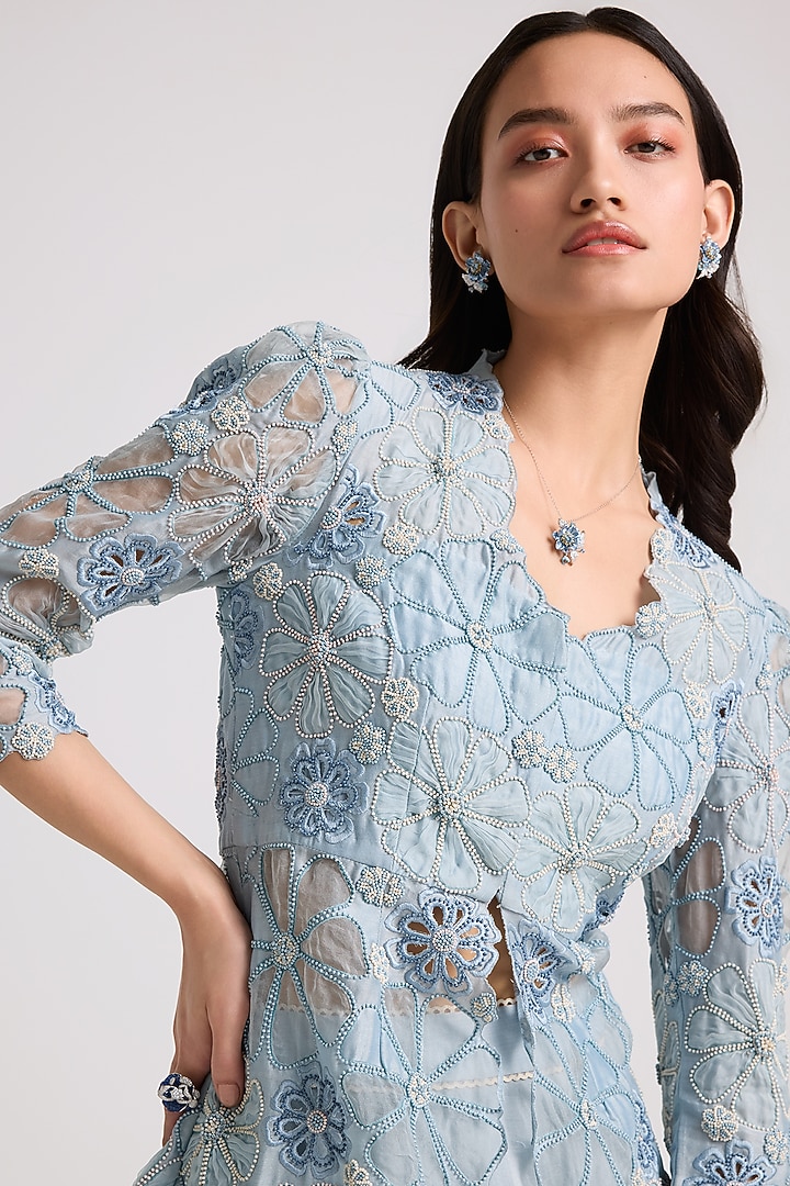 Powder Blue Chanderi Cutwork Peplum Jacket by Chandrima at Pernia's Pop Up Shop