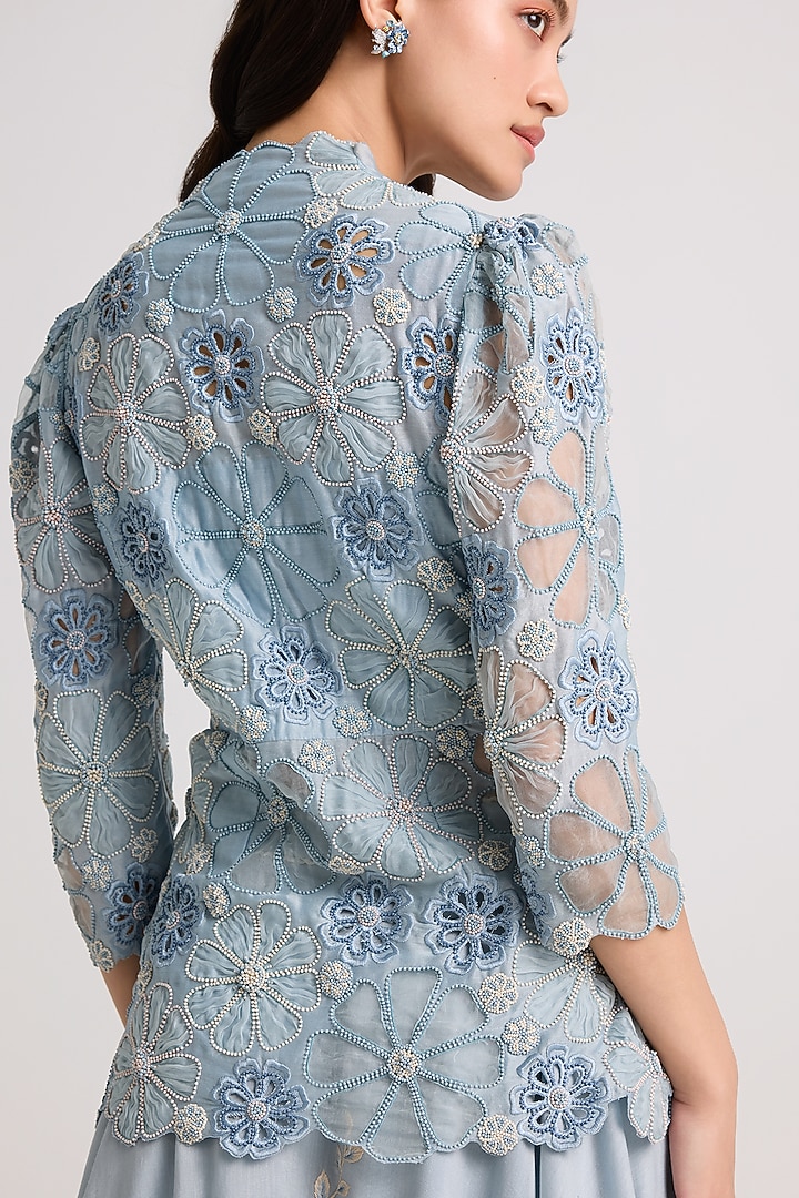 Powder Blue Chanderi Cutwork Peplum Jacket by Chandrima at Pernia's Pop Up Shop