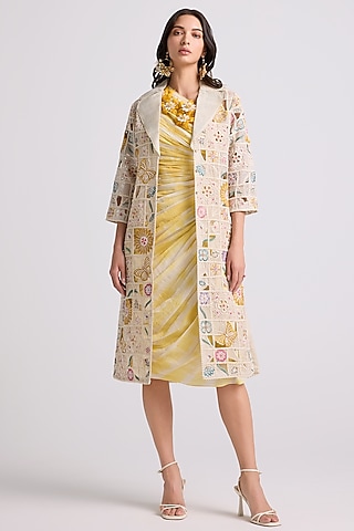 Ivory Silk Organza Bead Work Checkered Jacket by Chandrima