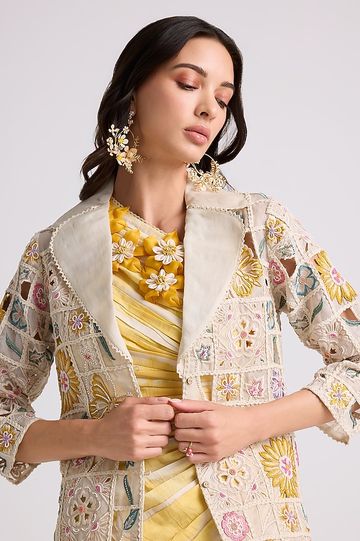 Ivory Silk Organza Bead Work Checkered Jacket by Chandrima at Pernia's Pop Up Shop