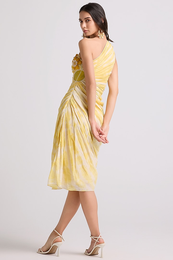 Yellow Cotton Tie-Dye Asymmetrical Ruched Vacation Dress by Chandrima at Pernia's Pop Up Shop