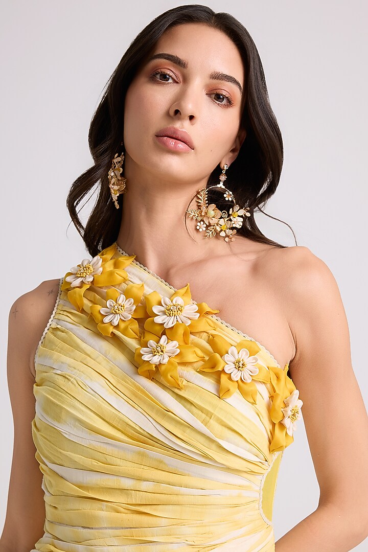 Yellow Cotton Tie-Dye Asymmetrical Ruched Vacation Dress by Chandrima at Pernia's Pop Up Shop