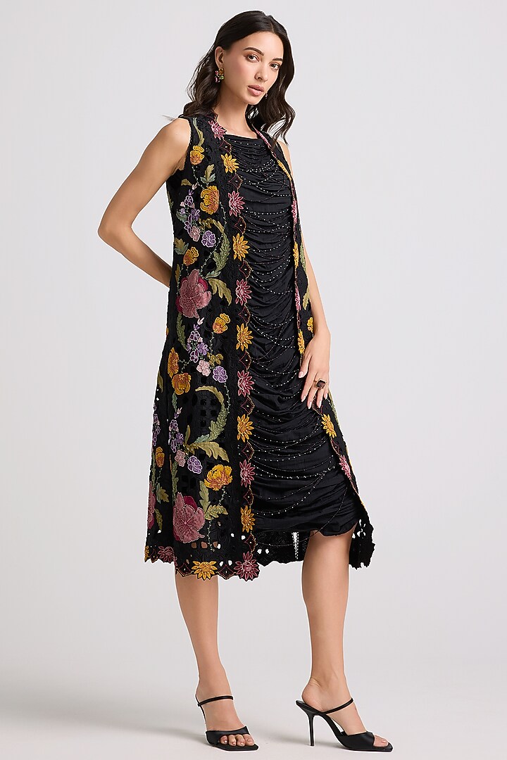 Black Chanderi Beadwork Jacket by Chandrima at Pernia's Pop Up Shop