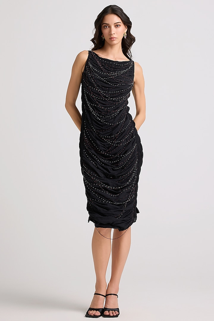 Black Cotton Beadwork Cowl Dress by Chandrima