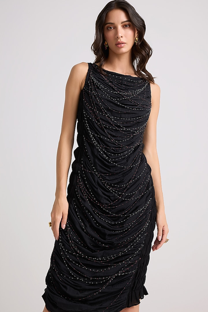 Black Cotton Beadwork Cowl Vacation Dress by Chandrima at Pernia's Pop Up Shop