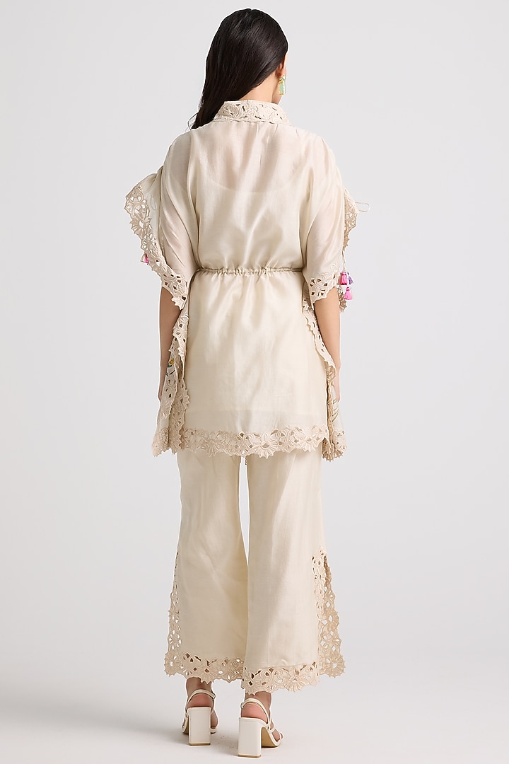 Ivory Chanderi Beadwork Kaftan Shirt by Chandrima at Pernia's Pop Up Shop