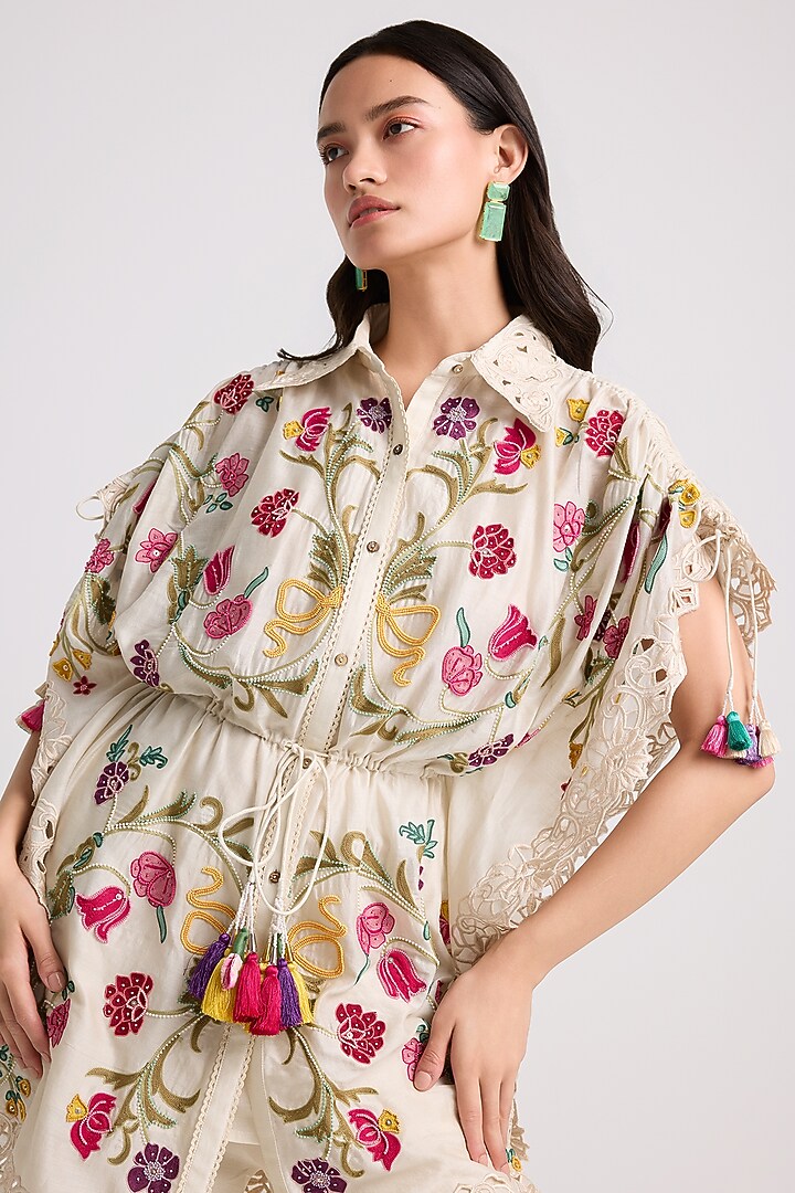 Ivory Chanderi Beadwork Kaftan Shirt by Chandrima at Pernia's Pop Up Shop