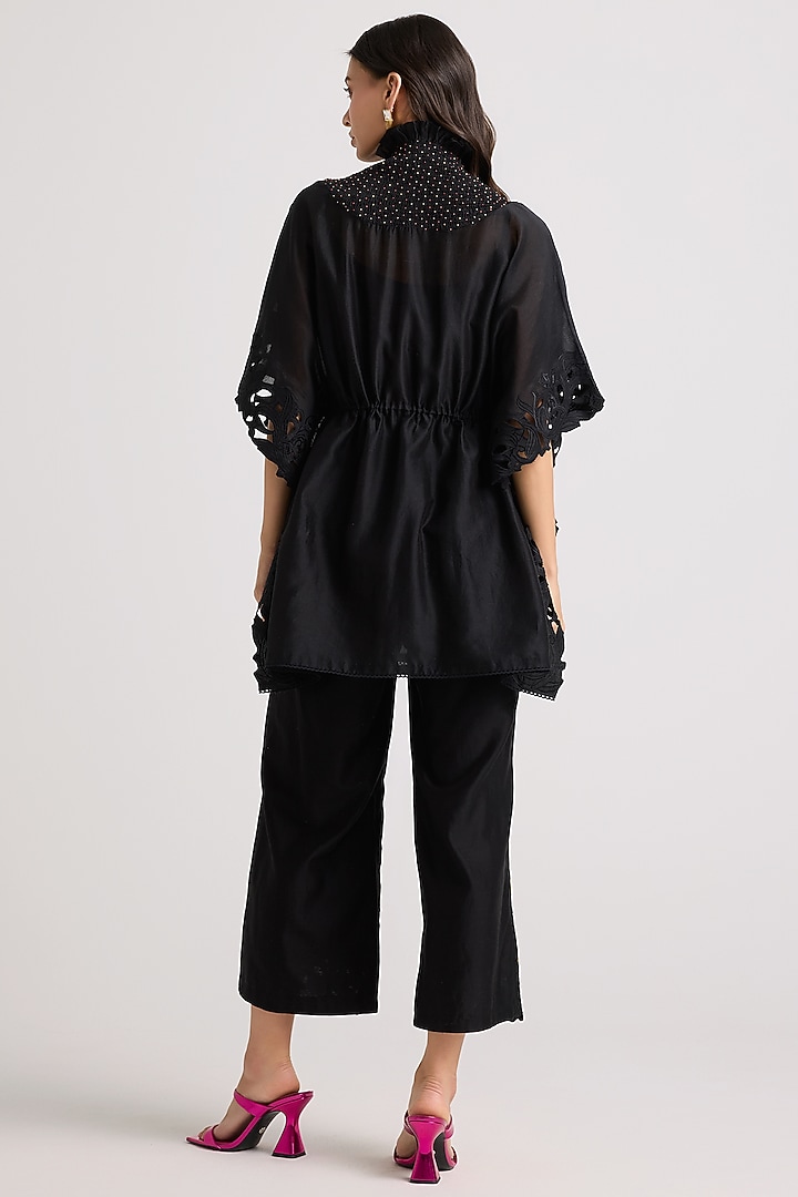 Black Chanderi Floral Applique & Cutwork Kaftan by Chandrima at Pernia's Pop Up Shop