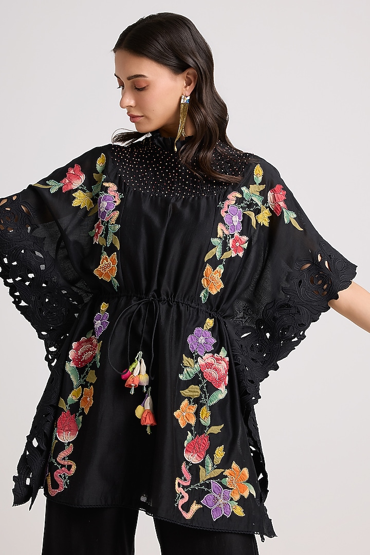 Black Chanderi Floral Applique & Cutwork Kaftan by Chandrima at Pernia's Pop Up Shop