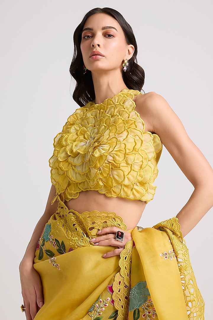 Yellow Chanderi 3D Floral Applique Top by Chandrima