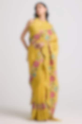 Yellow Silk Organza 3D Floral Applique & Thread Work Saree by Chandrima