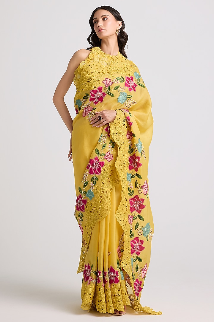 Yellow Silk Organza 3D Floral Applique & Thread Work Saree by Chandrima