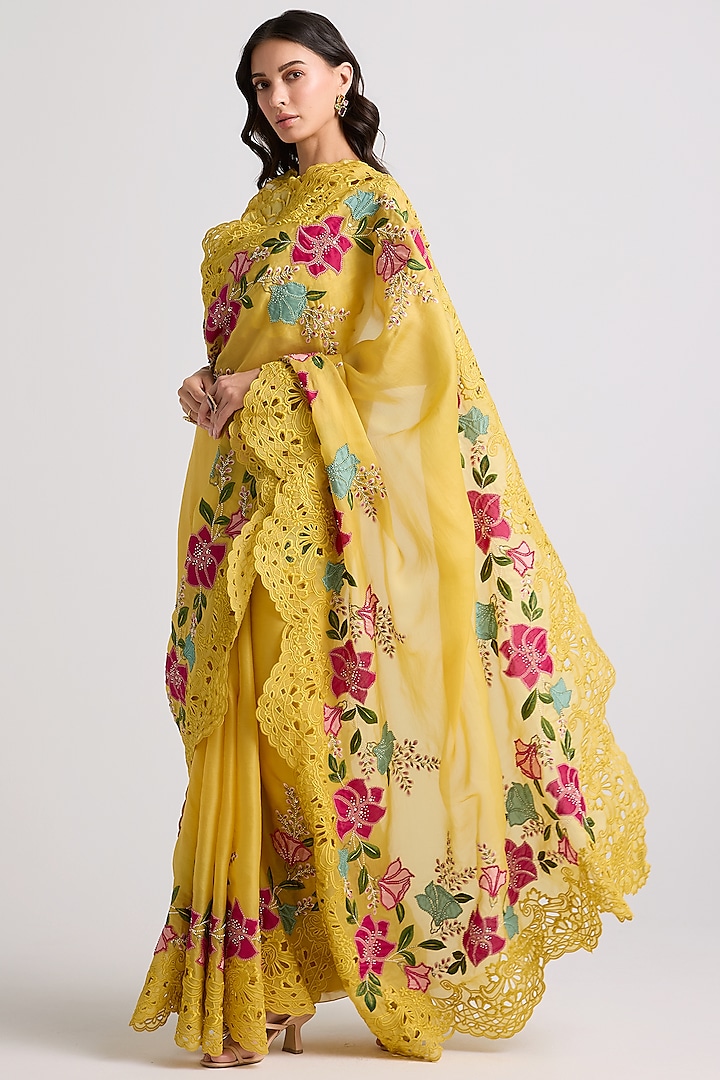 Yellow Silk Organza 3D Floral Applique & Thread Work Wedding Saree by Chandrima at Pernia's Pop Up Shop