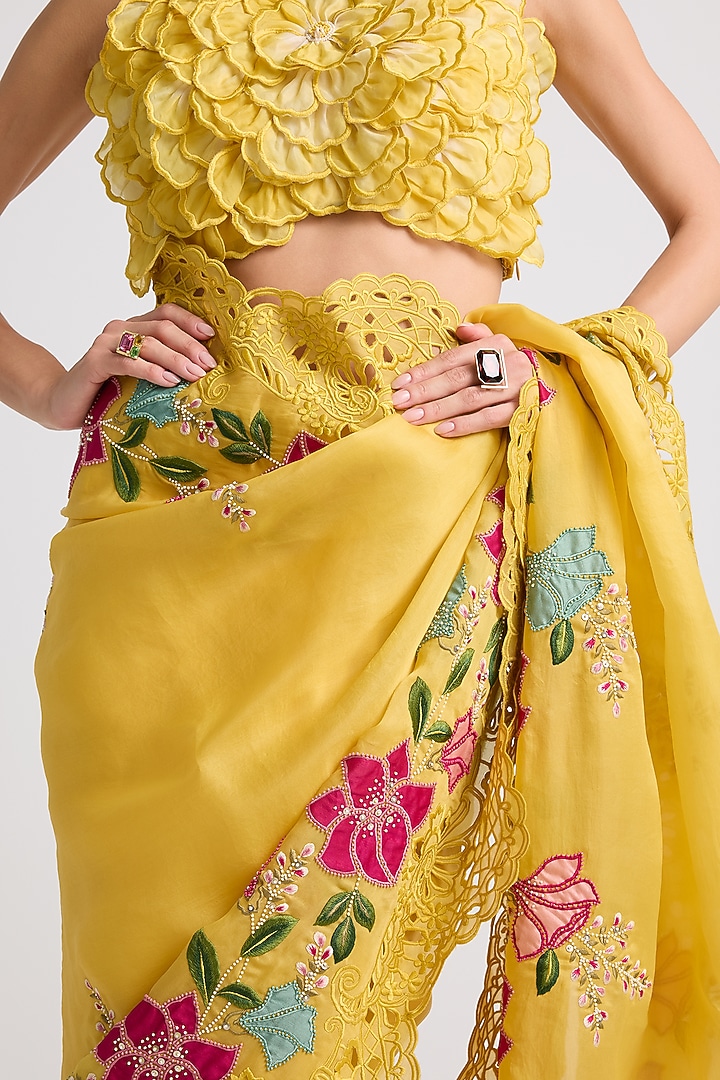 Yellow Silk Organza 3D Floral Applique & Thread Work Wedding Saree by Chandrima at Pernia's Pop Up Shop
