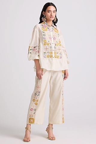 Ivory Chanderi Embroidered Shirt by Chandrima