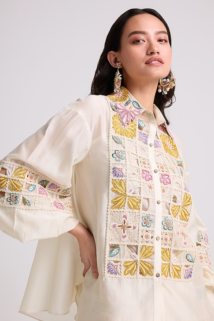 Ivory Chanderi Embroidered Shirt by Chandrima at Pernia's Pop Up Shop