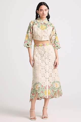 Ivory Chanderi Thread Work Crop Shirt by Chandrima