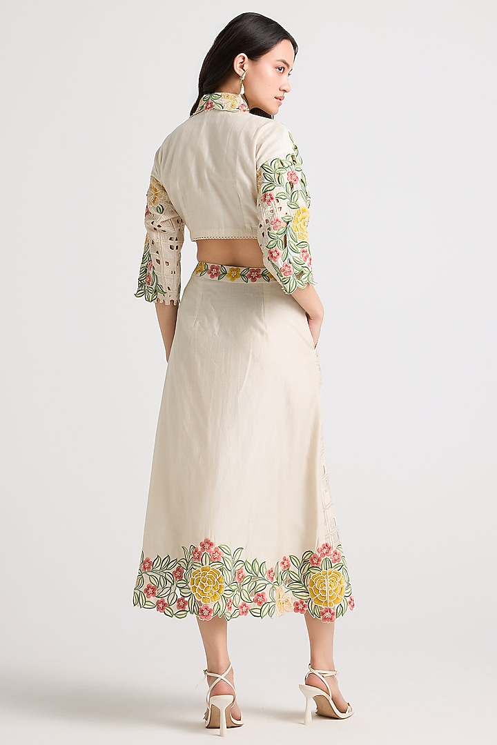 Ivory Chanderi Thread Work Crop Shirt by Chandrima at Pernia's Pop Up Shop