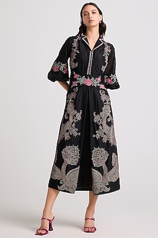 Black Chanderi Thread Work Dress by Chandrima