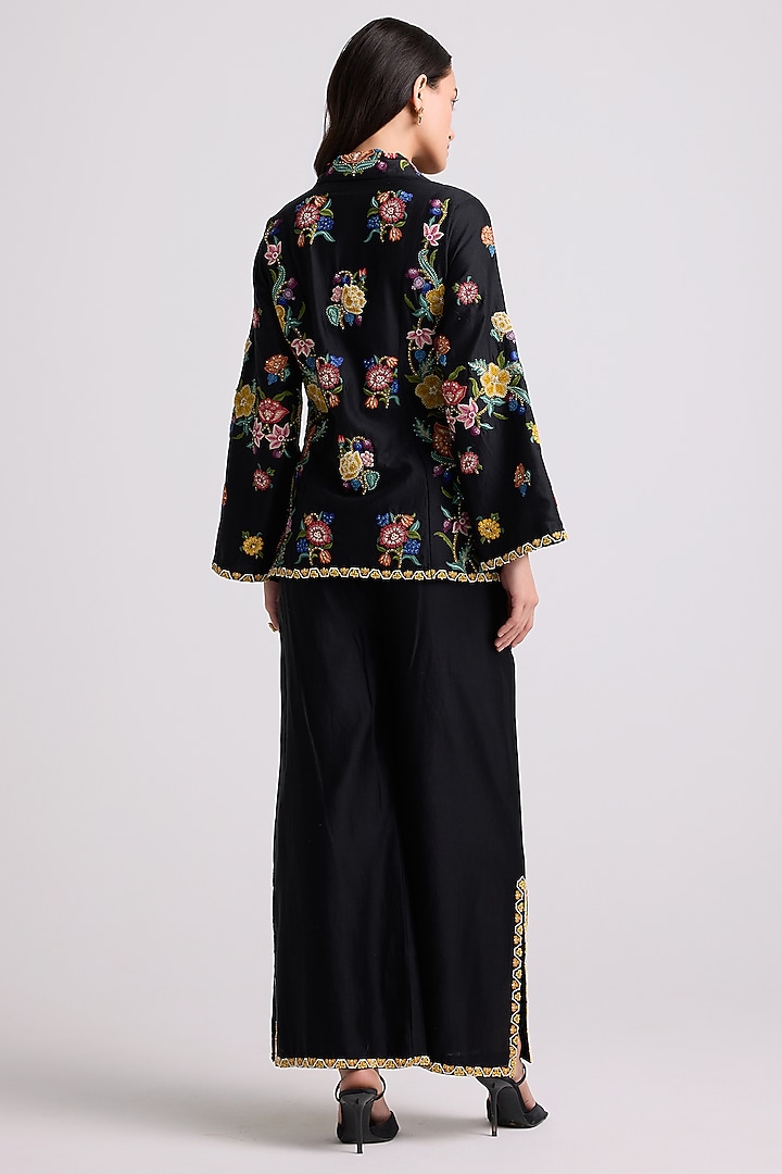 Black Chanderi Thread & Bead Work Long Jacket by Chandrima at Pernia's Pop Up Shop