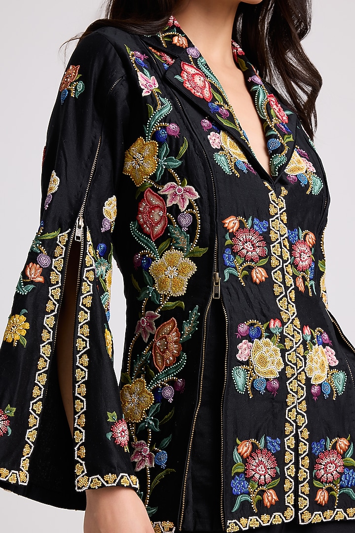 Black Chanderi Thread & Bead Work Long Jacket by Chandrima at Pernia's Pop Up Shop