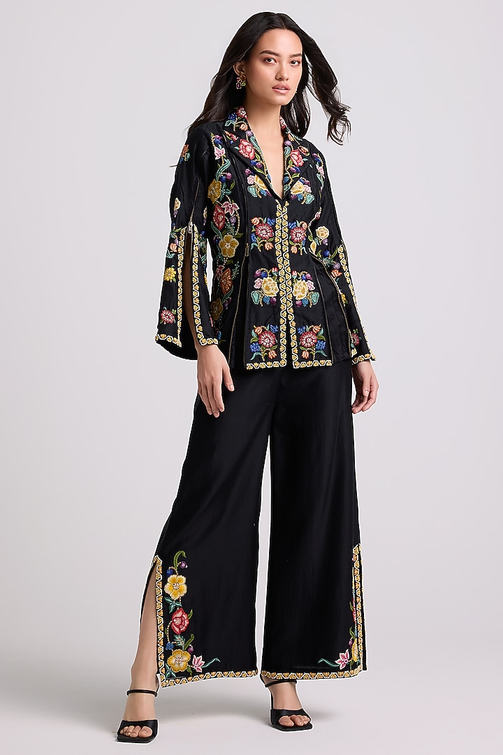 Black Chanderi Thread & Bead Work Long Jacket by Chandrima at Pernia's Pop Up Shop