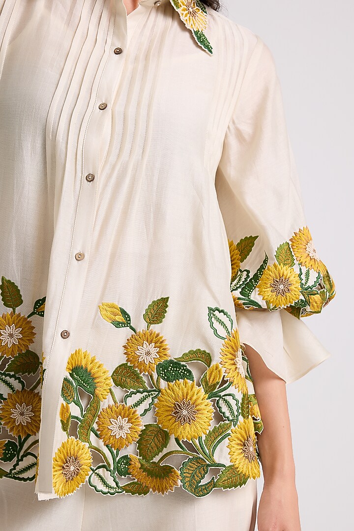 Ivory Chanderi Threadwork Pleated Shirt by Chandrima at Pernia's Pop Up Shop