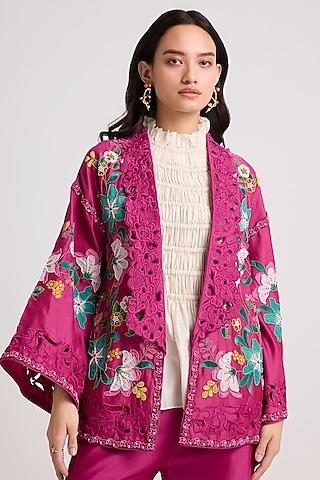 Fuchsia Chanderi Cutwork Flared Jacket by Chandrima