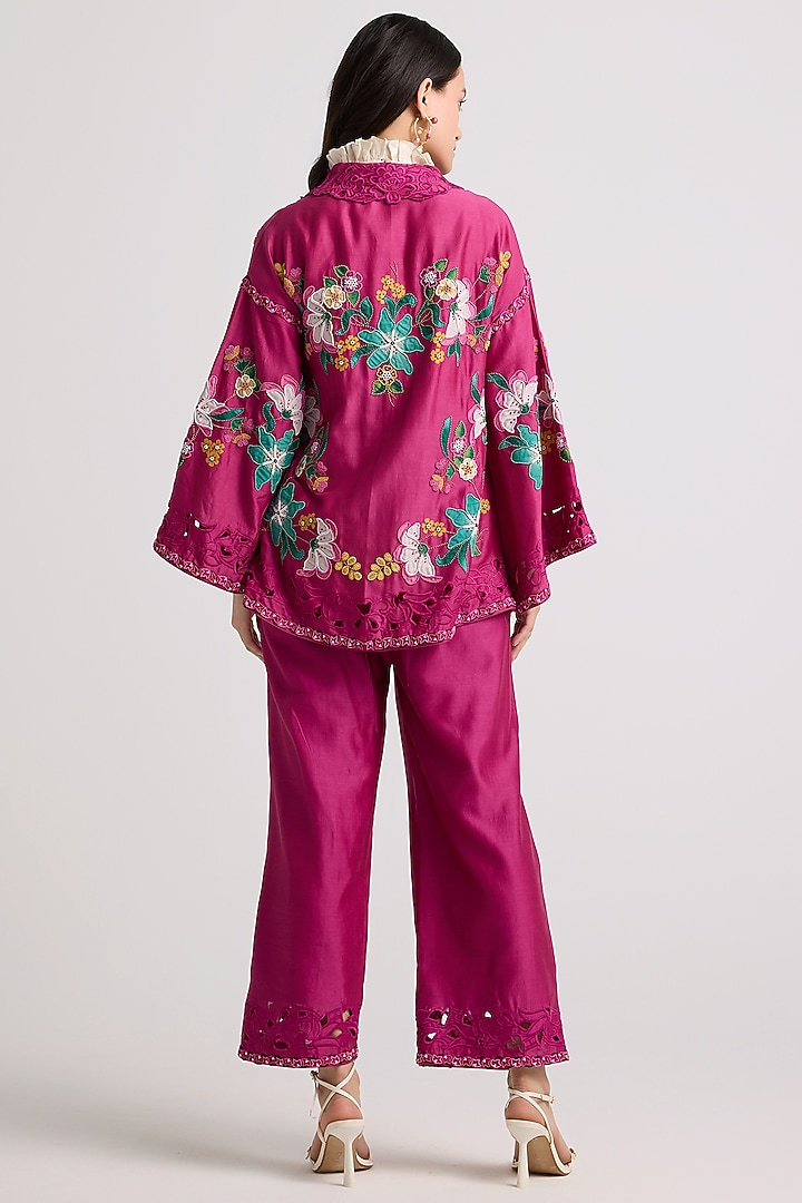 Fuchsia Chanderi Cutwork Flared Jacket by Chandrima at Pernia's Pop Up Shop