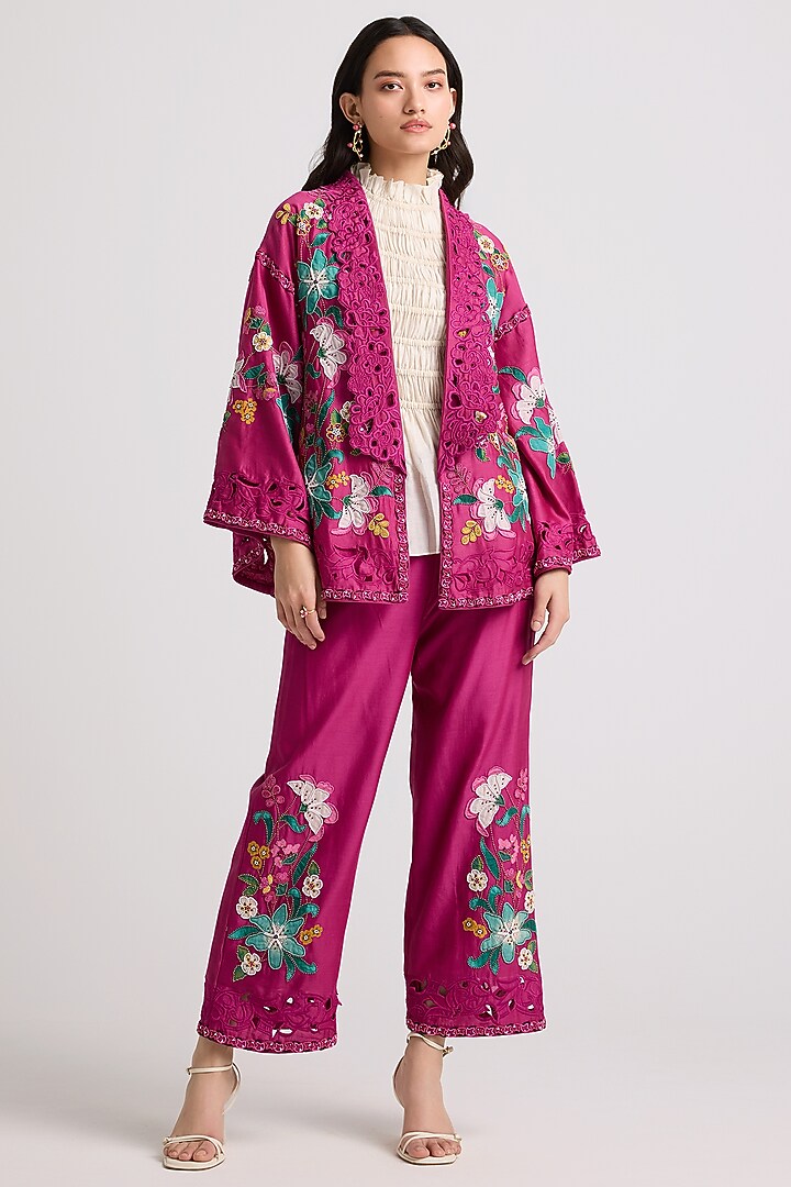 Fuchsia Chanderi Cutwork Flared Jacket by Chandrima at Pernia's Pop Up Shop