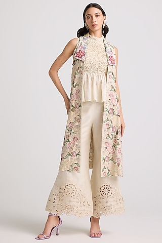 Ivory Chanderi Cutwork & Beadwork Jacket by chandrima-MORE FROM Chandrima