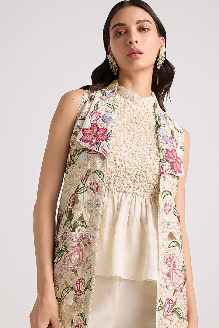 Ivory Chanderi Cutwork & Beadwork Jacket by Chandrima at Pernia's Pop Up Shop