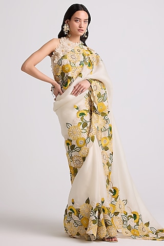 Ivory Silk Organza Cutwork Saree by Chandrima