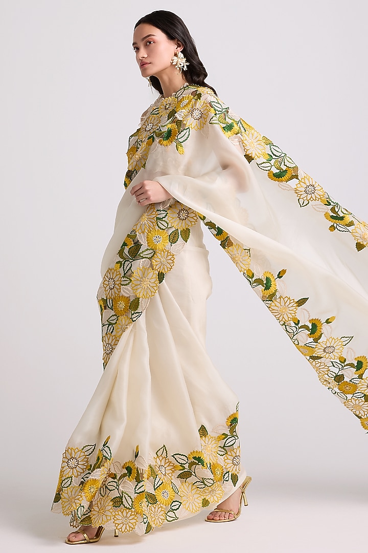 Ivory Silk Organza Cutwork Wedding Saree by Chandrima at Pernia's Pop Up Shop