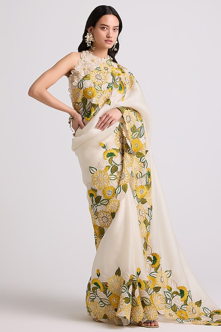 Ivory Chanderi Applique & Beadwork Top by Chandrima at Pernia's Pop Up Shop