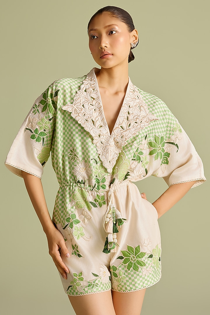 Ivory & Mint Chanderi Cutwork Playsuit by Chandrima at Pernia's Pop Up Shop