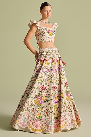 Ivory Chanderi Thread & Cutwork Bustier by Chandrima
