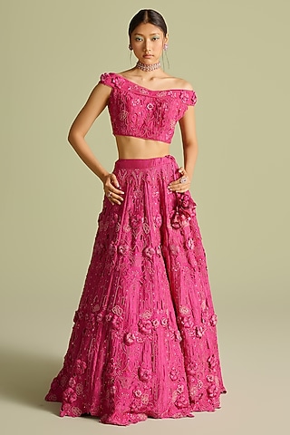 Fuchsia Chanderi 3D Applique & Cutwork Bustier by Chandrima