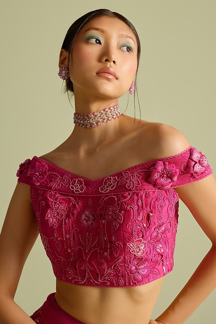 Fuchsia Chanderi 3D Applique & Cutwork Bustier by Chandrima at Pernia's Pop Up Shop
