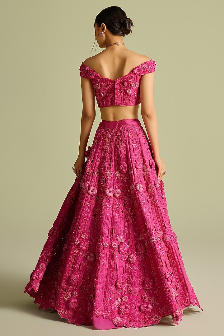 Fuchsia Chanderi 3D Applique & Cutwork Bridal Lehenga by Chandrima at Pernia's Pop Up Shop