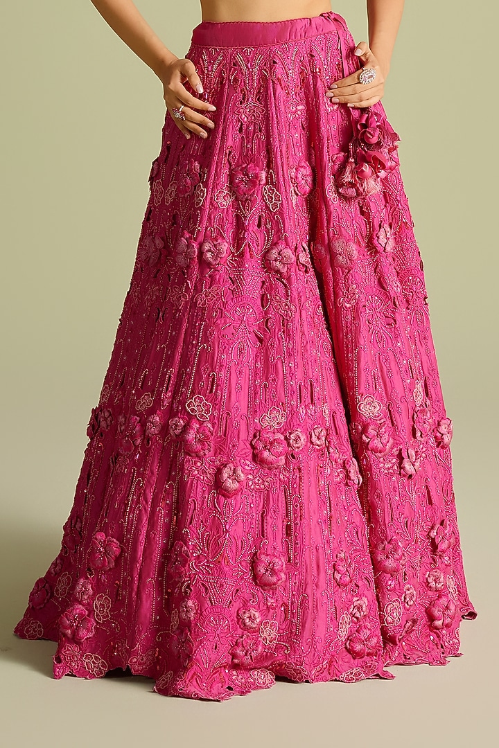 Fuchsia Chanderi 3D Applique & Cutwork Bridal Lehenga by Chandrima at Pernia's Pop Up Shop