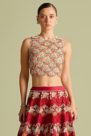 Ivory Chanderi Thread & Bead Work Top by Chandrima