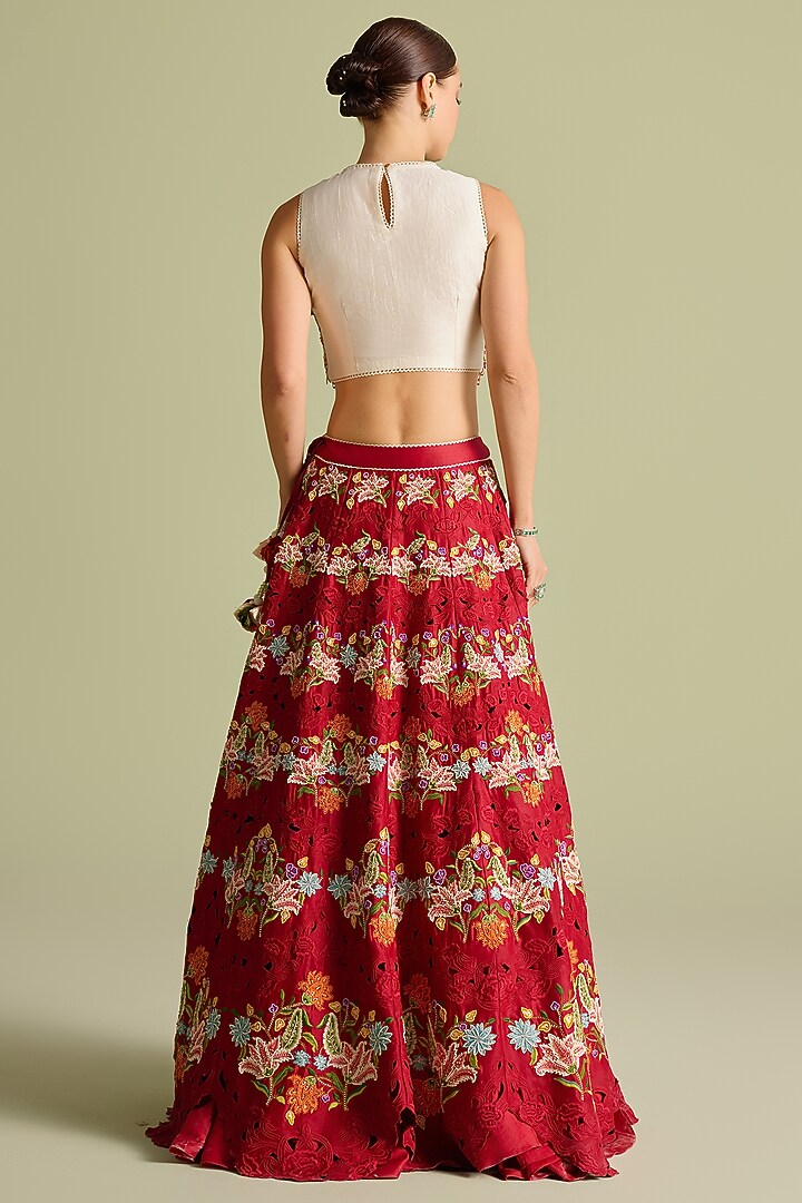 Red Chanderi Thread & Cutwork Bridal Lehenga by Chandrima at Pernia's Pop Up Shop
